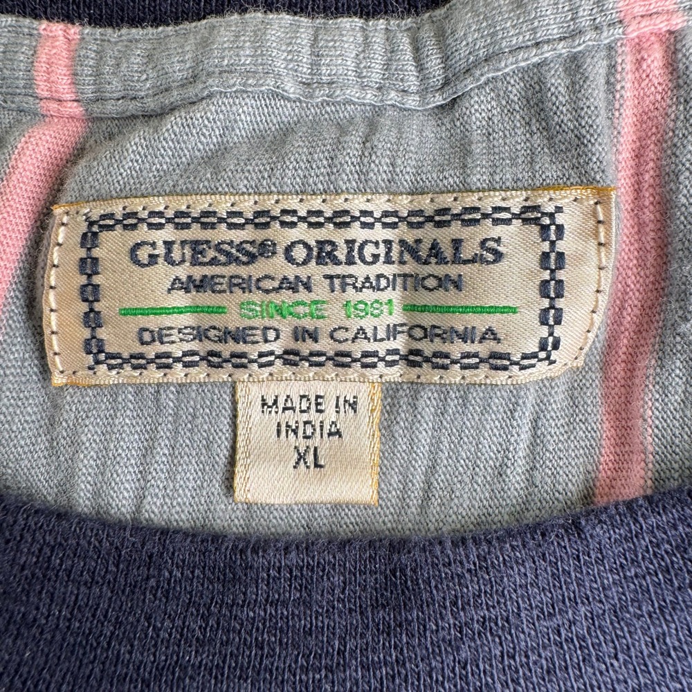 Guess Originals Mens‎ XL Striped T-Shirt Blue Pink Yellow Embroidered Logo Retro - Picture 3 of 14